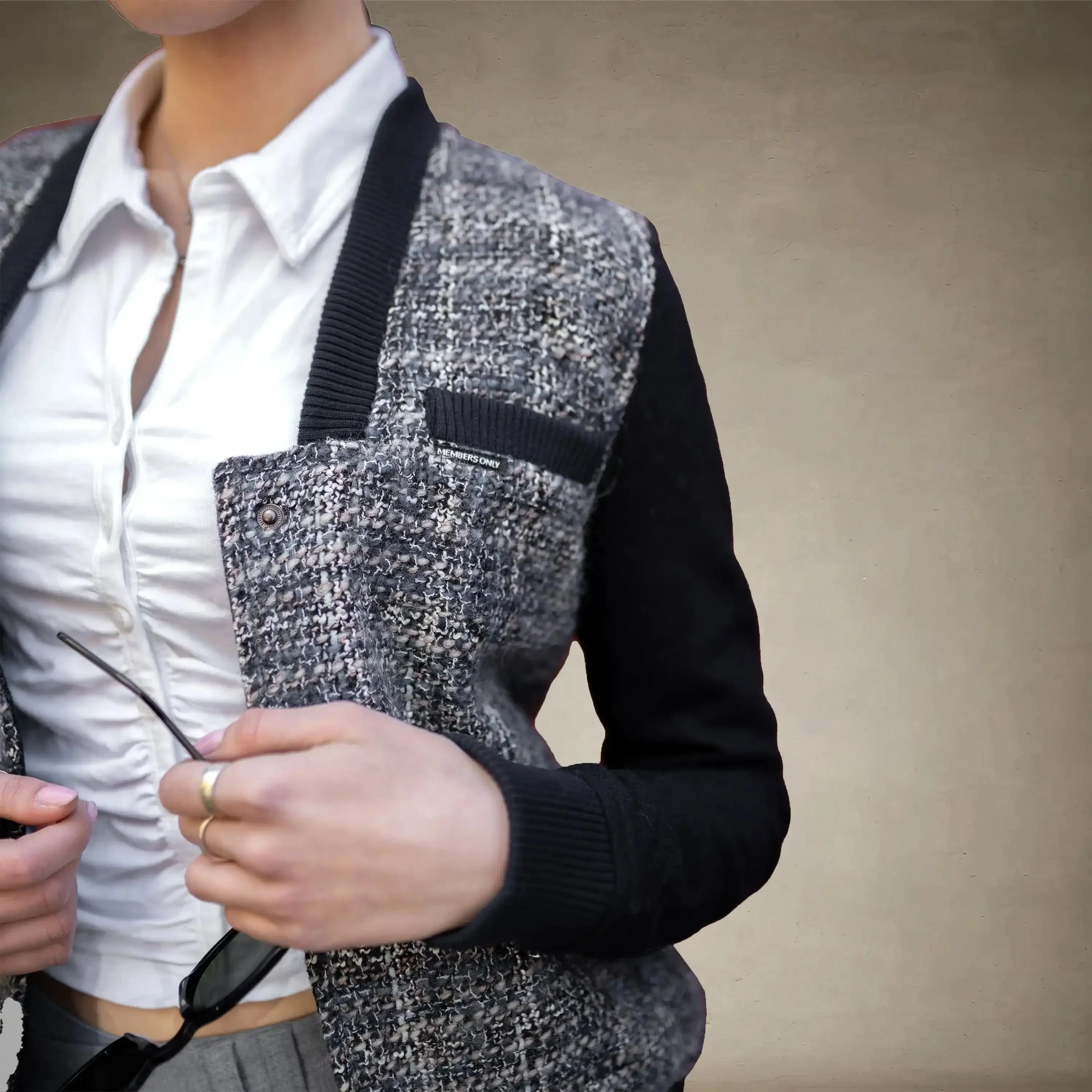 Women's Updated Tweed Varsity Jacket with Contrast Sleeve - FINAL SALE - Image 12