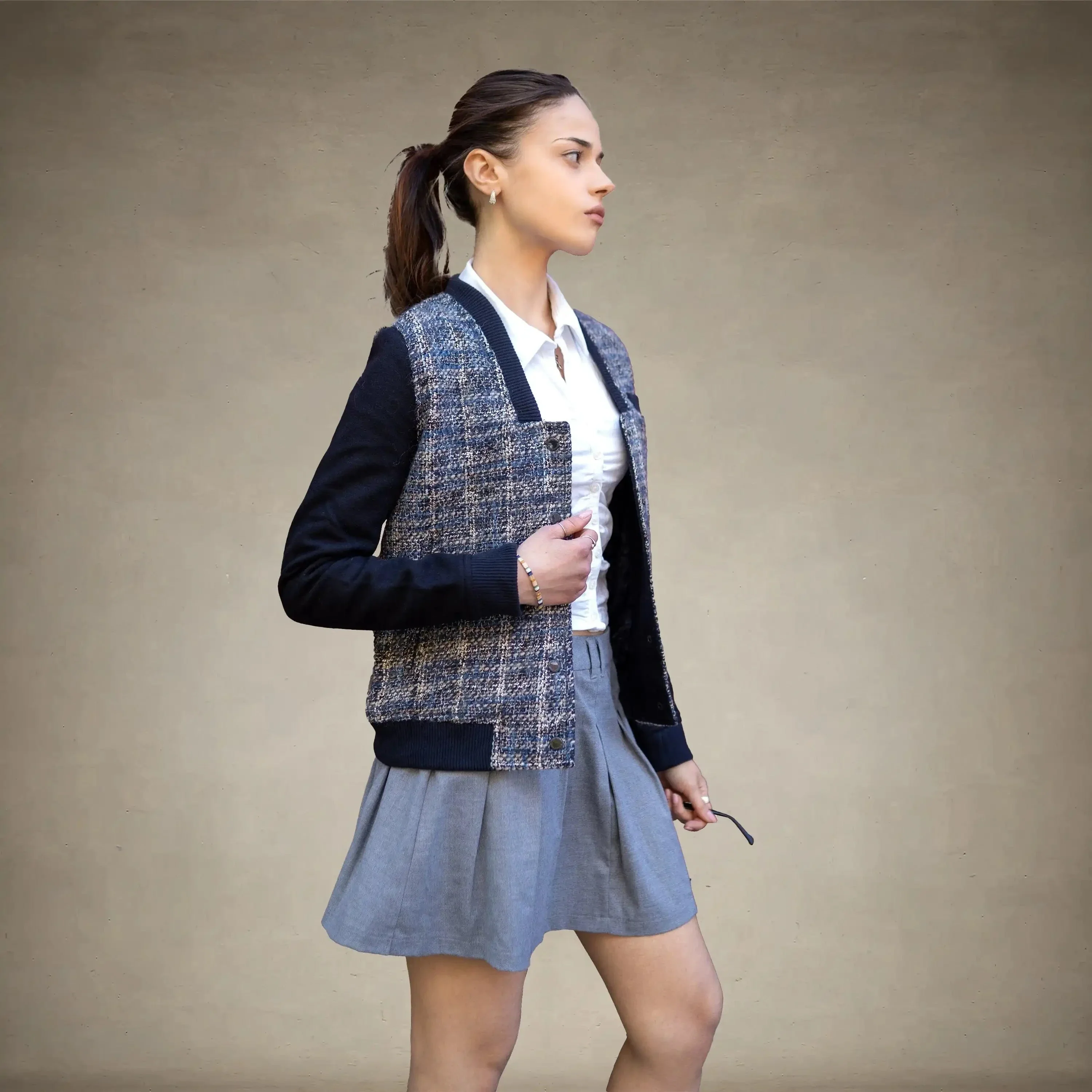 Women's Updated Tweed Varsity Jacket with Contrast Sleeve - FINAL SALE - Image 13