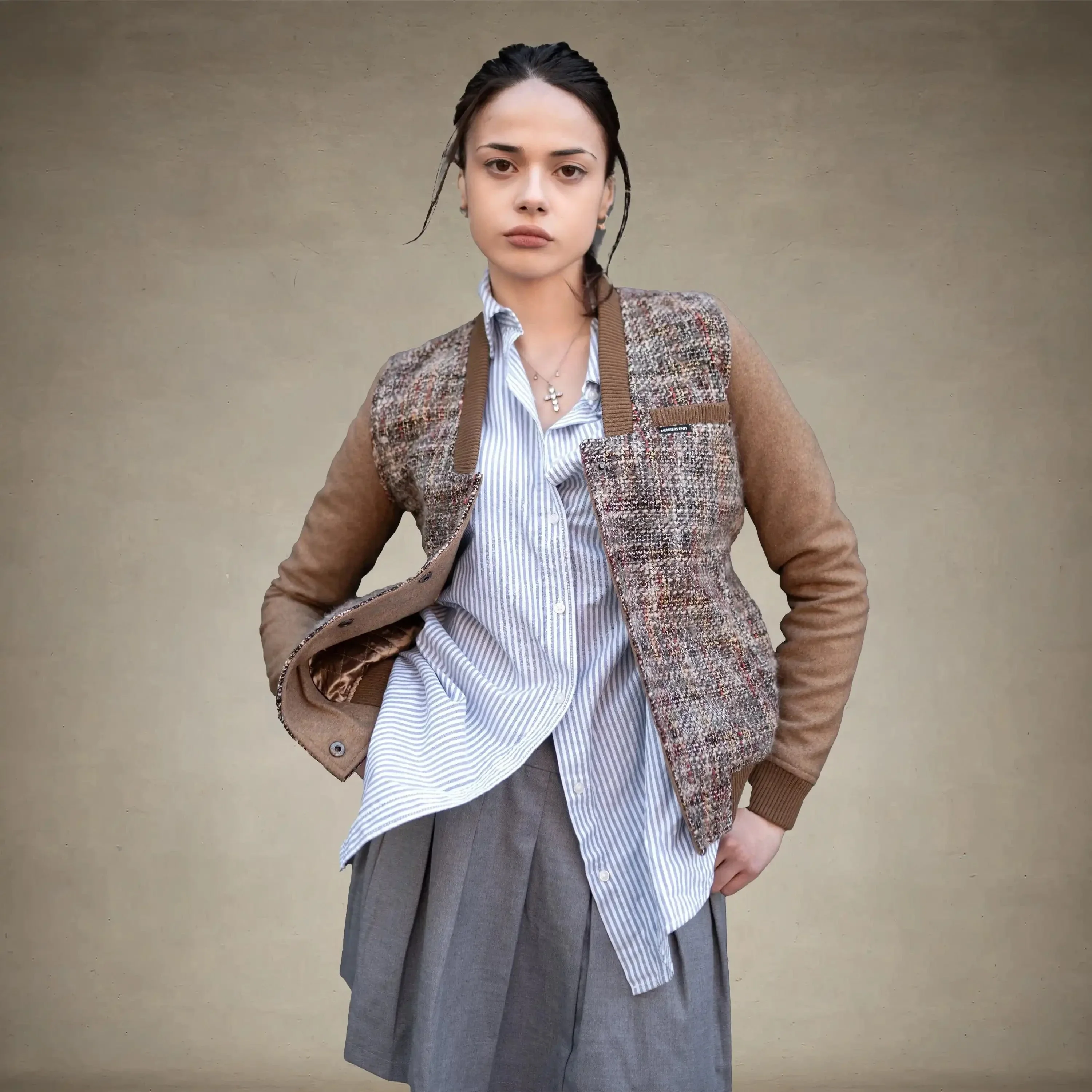 Women's Updated Tweed Varsity Jacket with Contrast Sleeve - FINAL SALE - Image 6